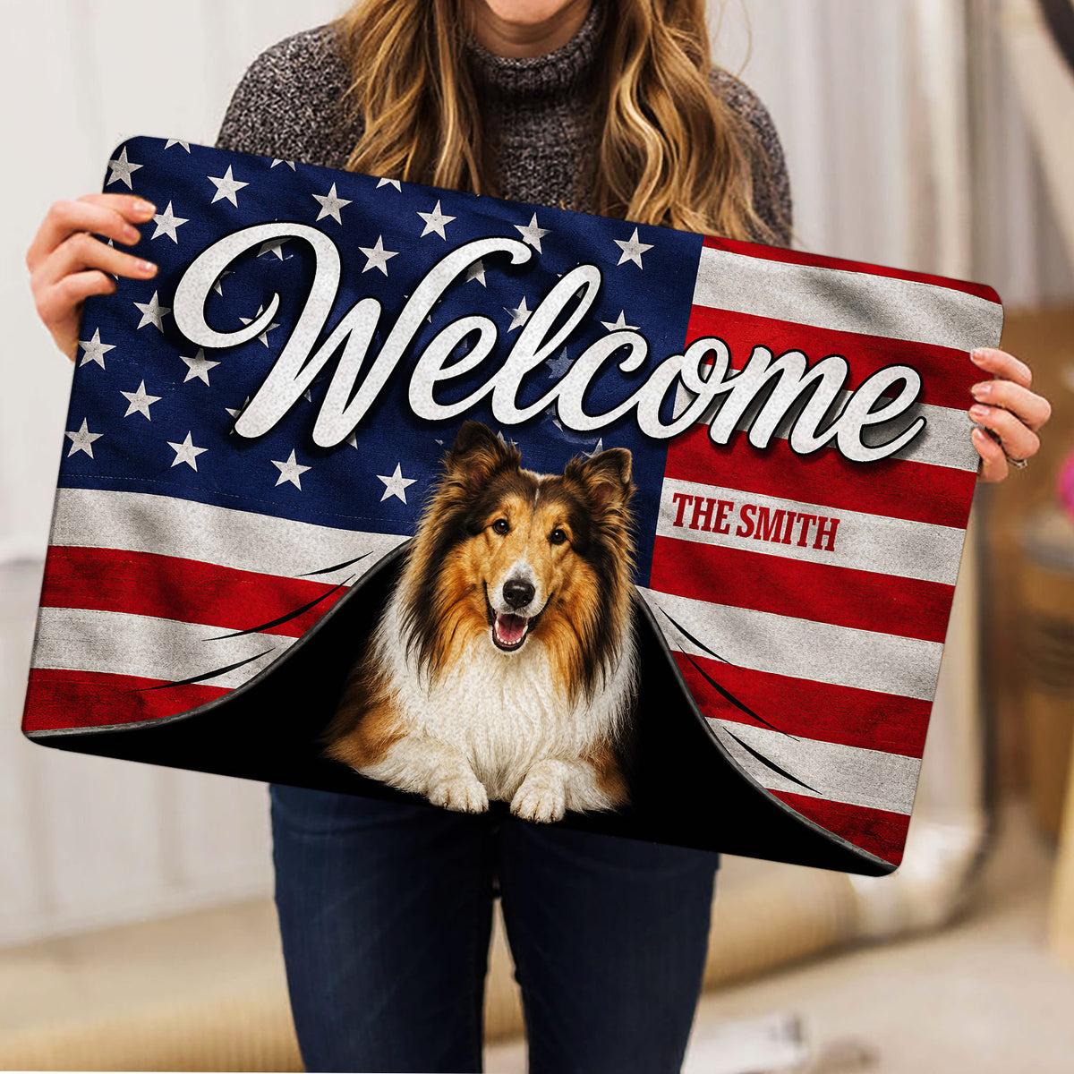 Rough Collie welcome doormat held indoors, showing the full patriotic flag-inspired artwork