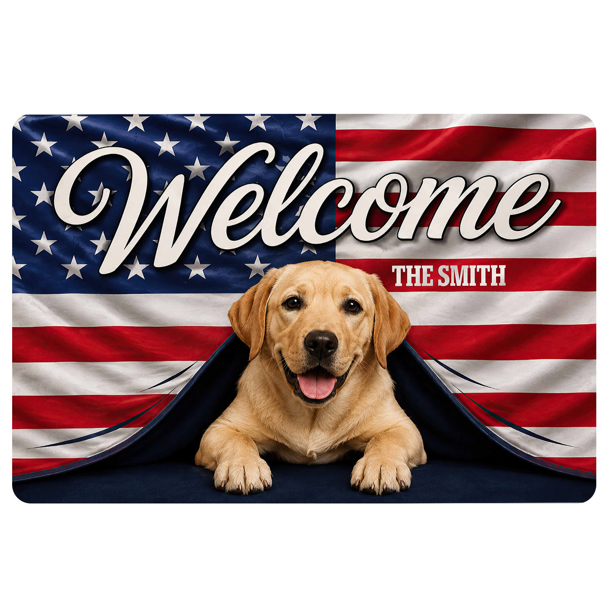 Custom family name welcome doormat featuring a golden yellow Labrador Retriever puppy peeking from beneath a folded American flag, red white and blue stars and stripes, bold Welcome lettering, and family name personalization.