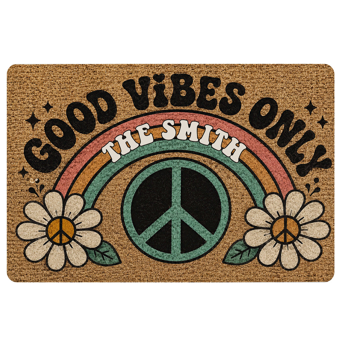 Hippie doormat with peace symbol, rainbow, flowers, and peace-and-love artwork