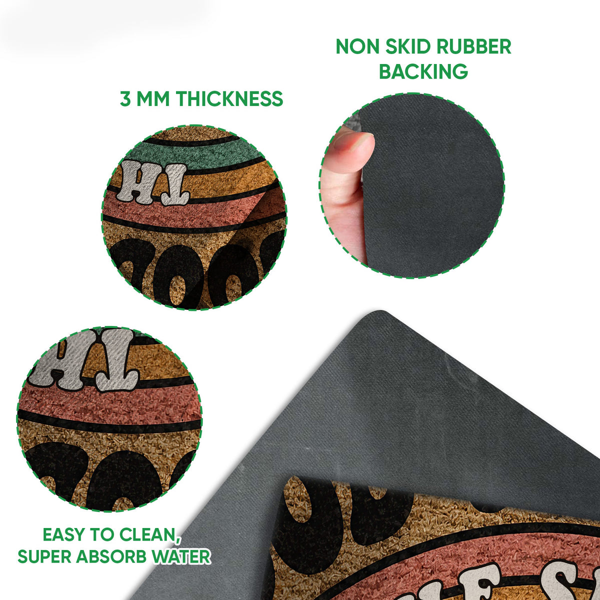 Hippie doormat feature collage showing the printed surface and dark rubber backing
