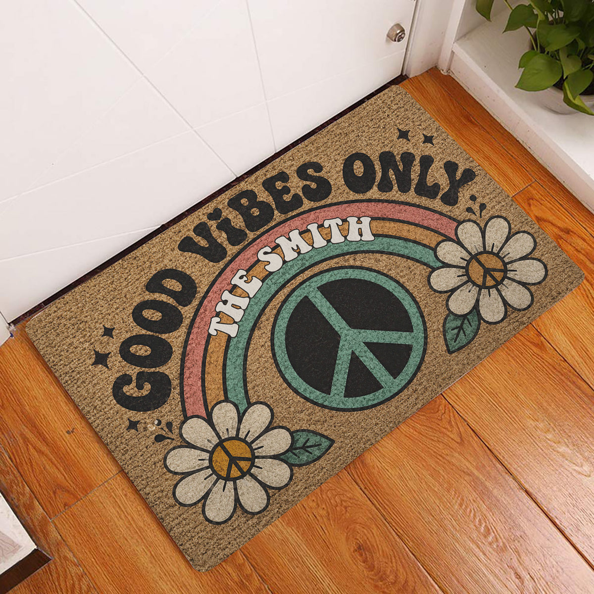 Hippie peace-and-love doormat displayed in a wood-floor entryway