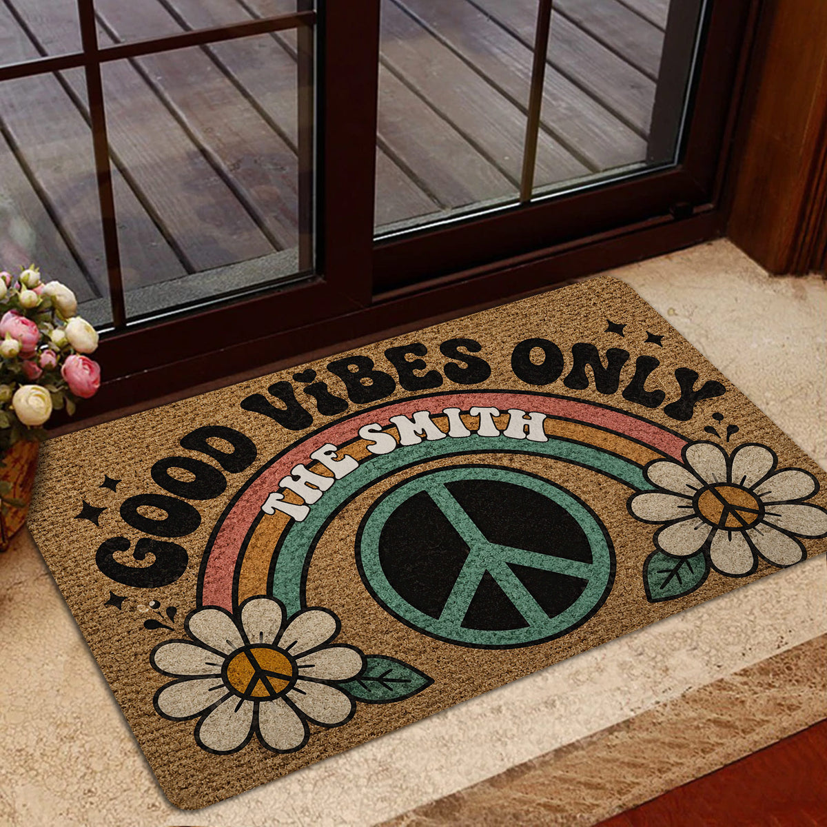Hippie rainbow peace symbol doormat styled at a home entrance