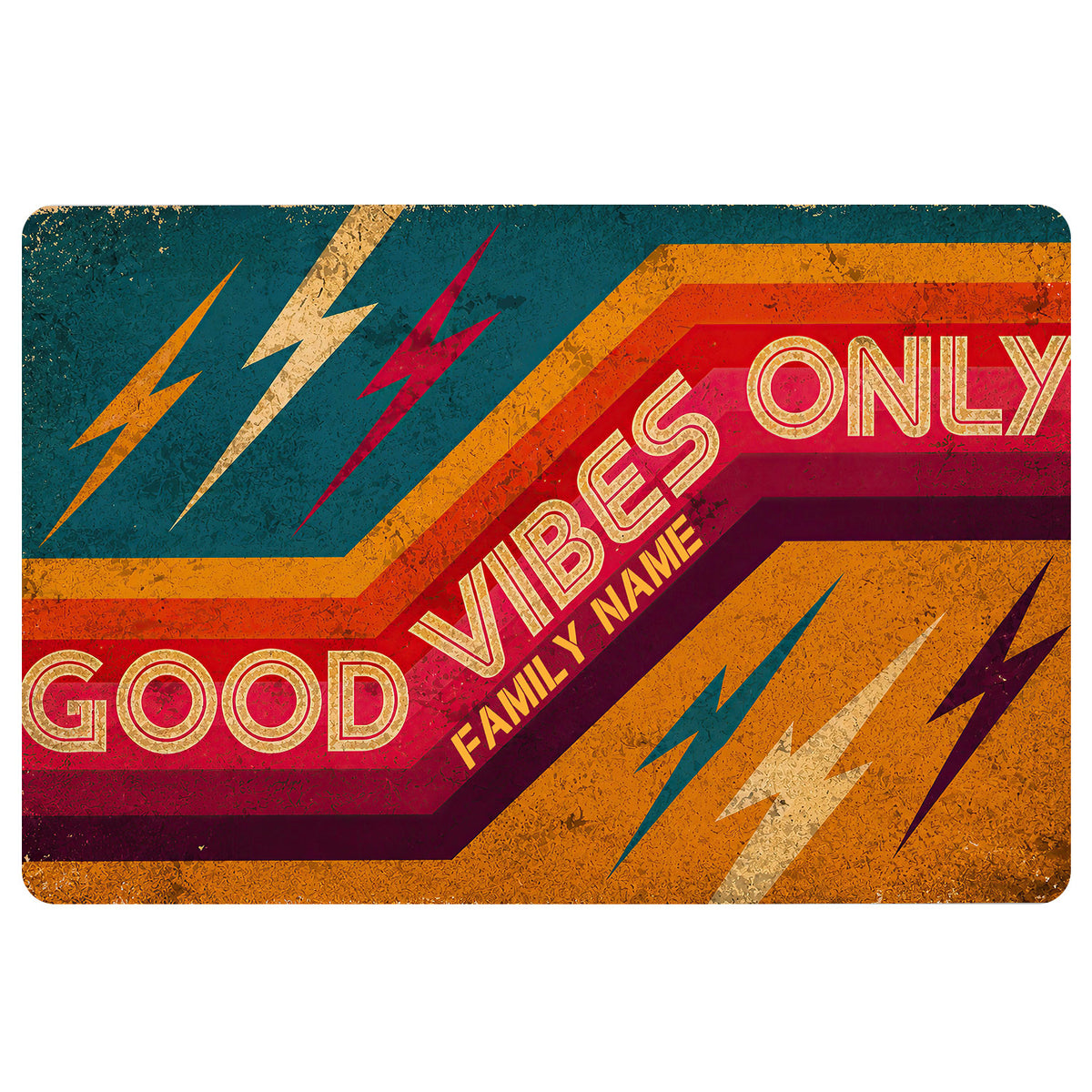 Rock and roll doormat with colorful lightning bolts, retro geometric stripes, and bold entryway artwork