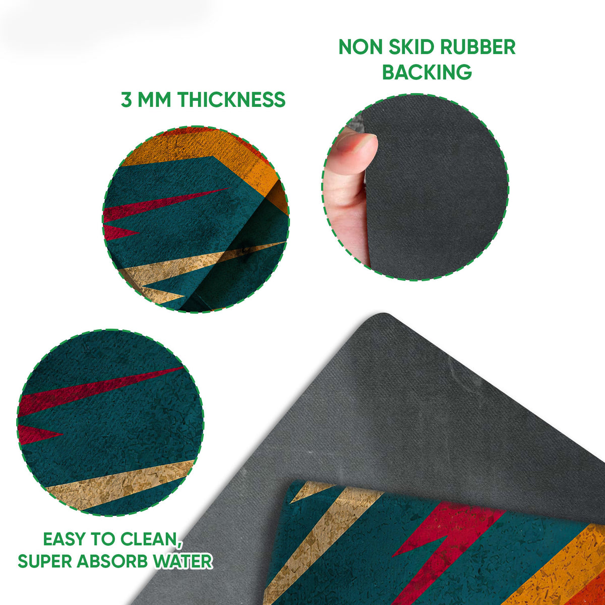 Rock and roll doormat detail showing the printed lightning bolt design, textured top, and rubber backing