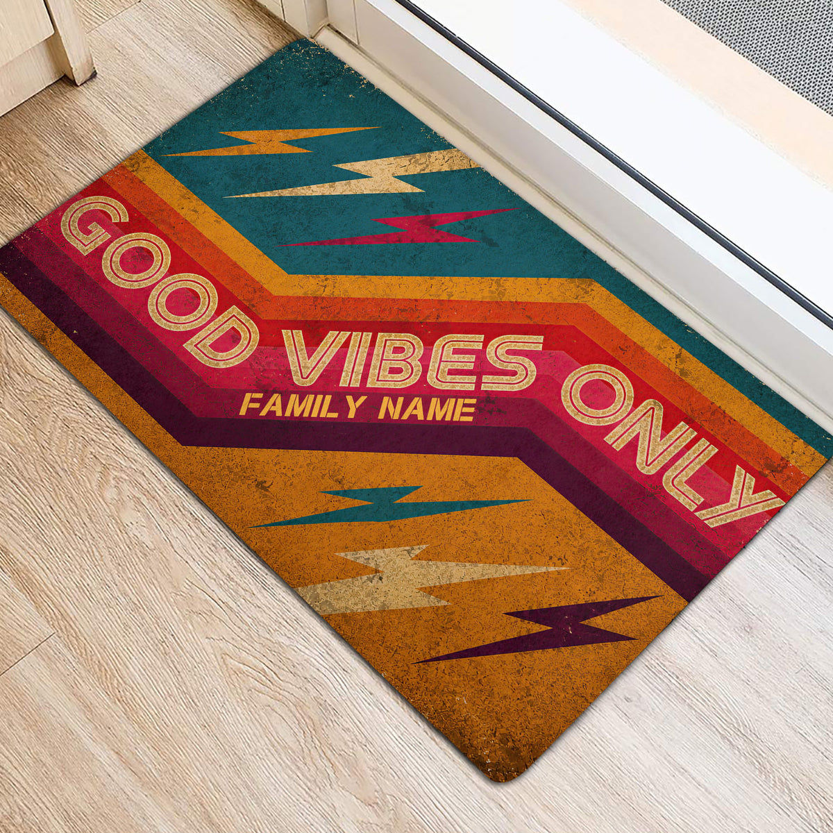 Retro lightning bolt rock and roll entryway rug styled beside a modern doorway