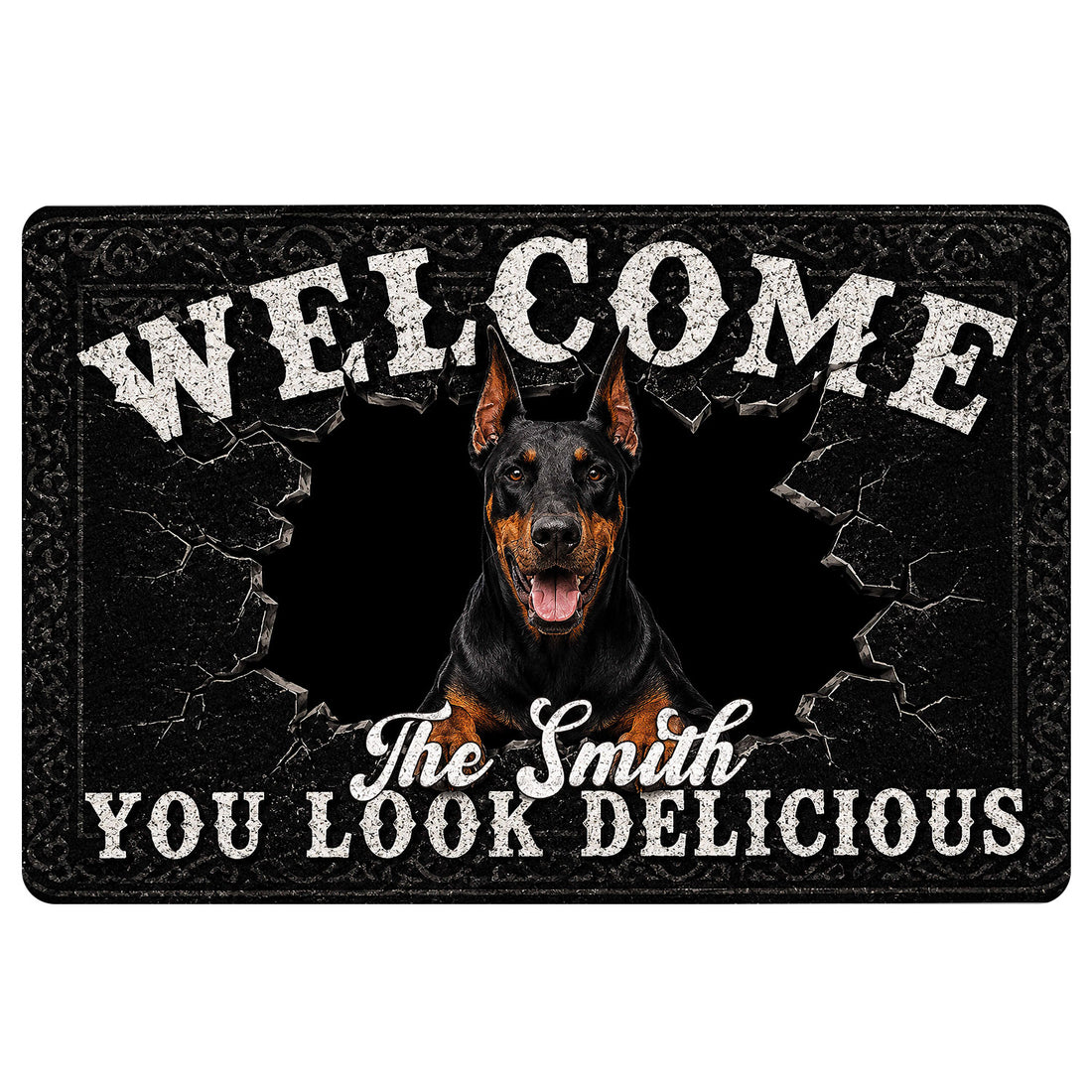 Black Doberman doormat with a cracked stone design, bold welcome lettering, and dramatic entryway artwork