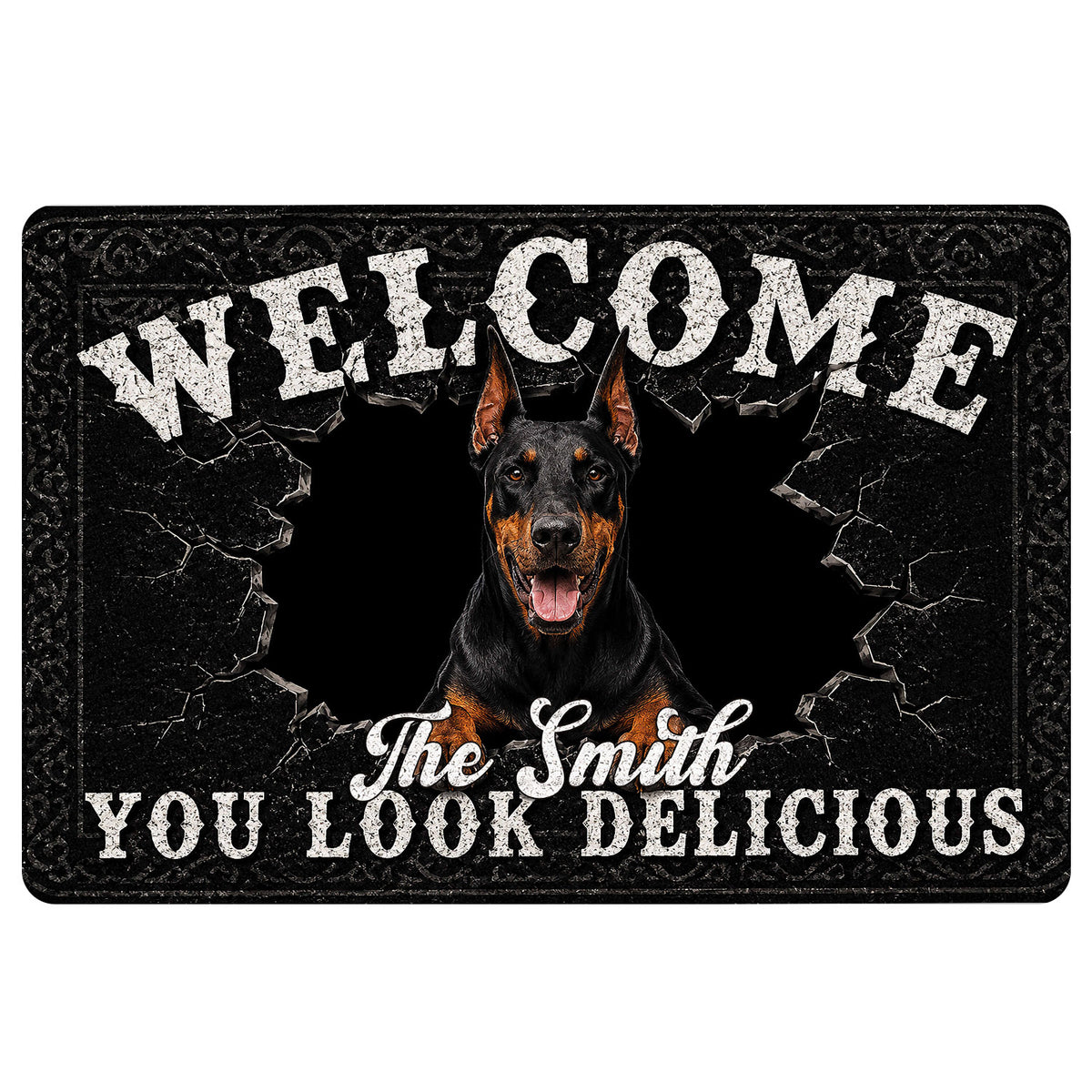 Black Doberman doormat with a cracked stone design, bold welcome lettering, and dramatic entryway artwork