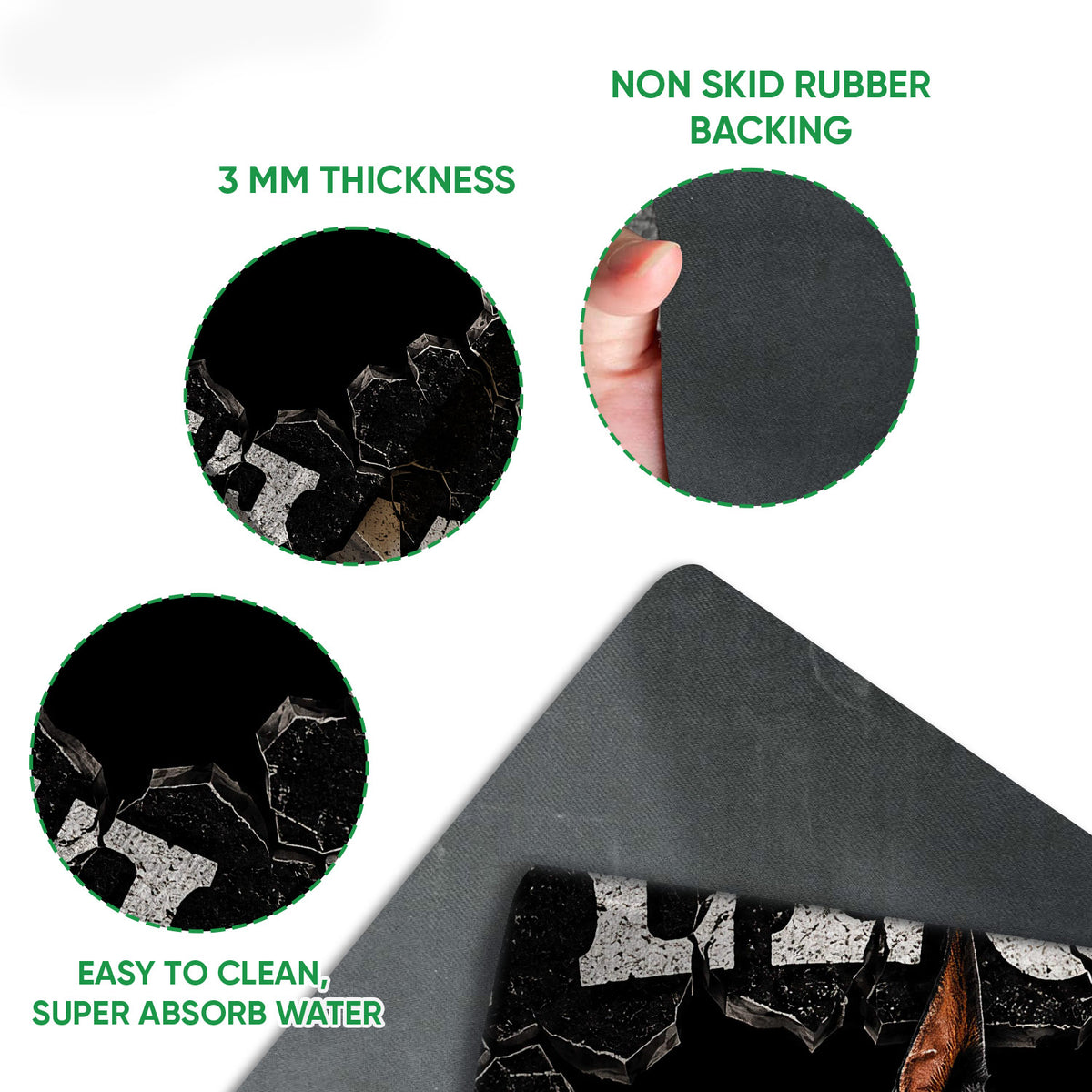Close-up view of the Doberman doormat surface and rubber backing with detailed printed artwork