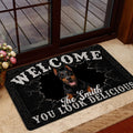 Doberman door mat styled in a home entrance near a glass door and indoor flooring