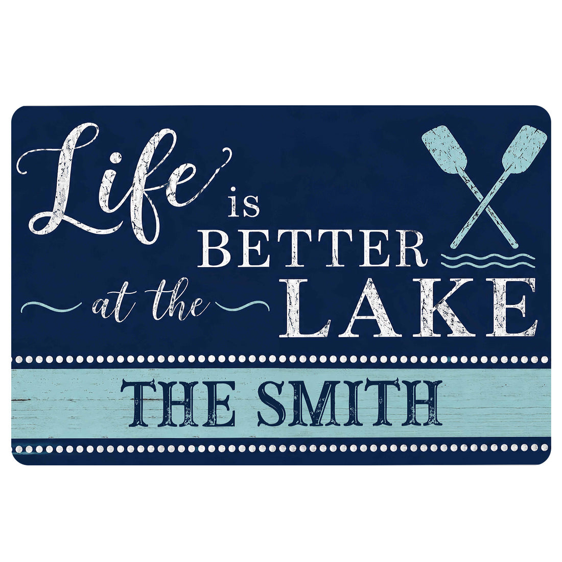 Navy and aqua lake house doormat with crossed oars, distressed wood accents and welcoming typography