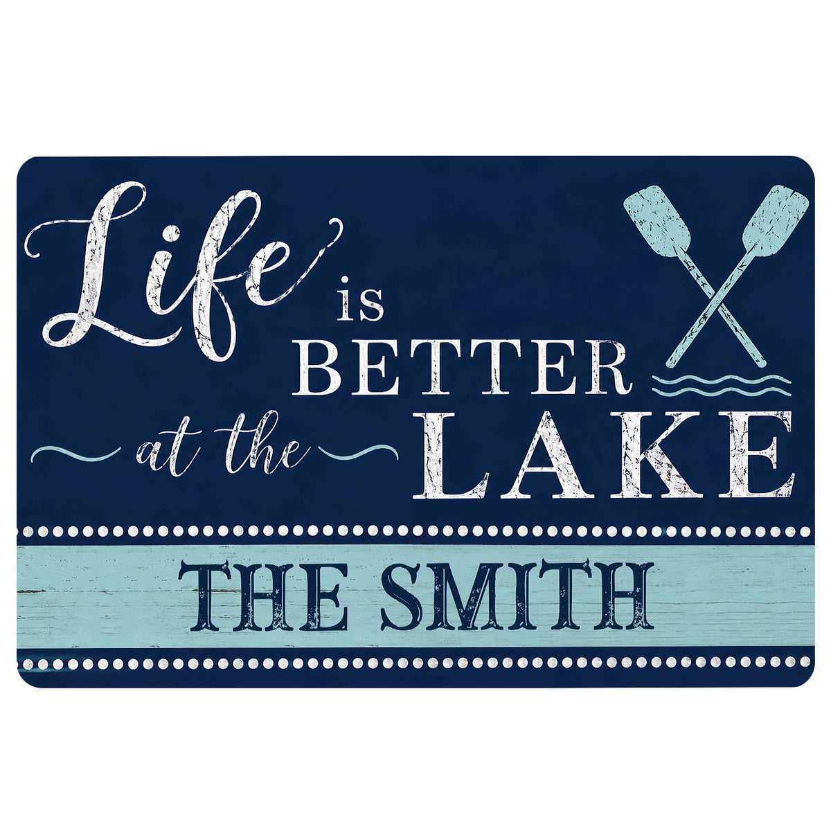 Navy and aqua lake house doormat with crossed oars, distressed wood accents and welcoming typography
