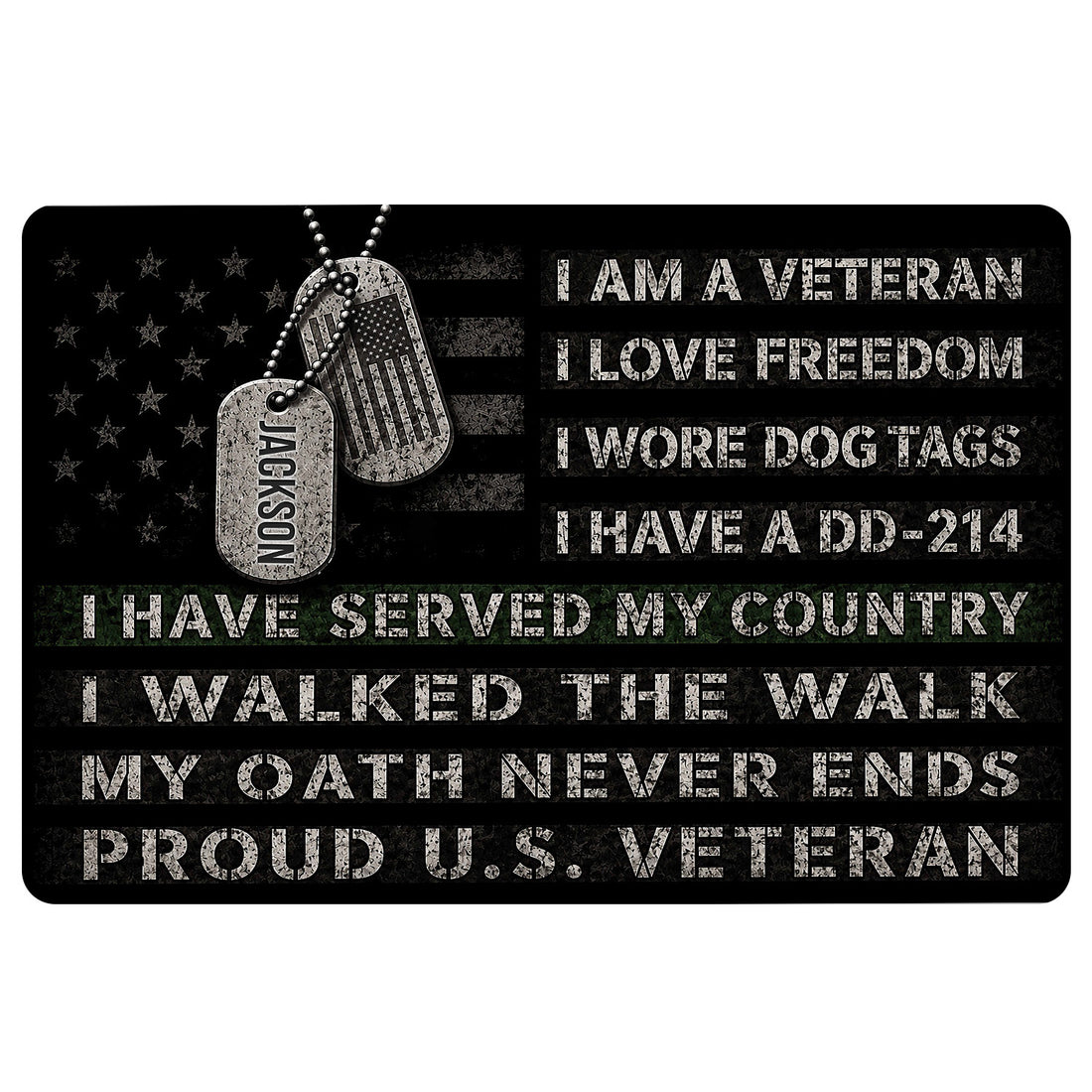 Black veteran doormat with dog tags, American flag artwork, and bold patriotic tribute lettering