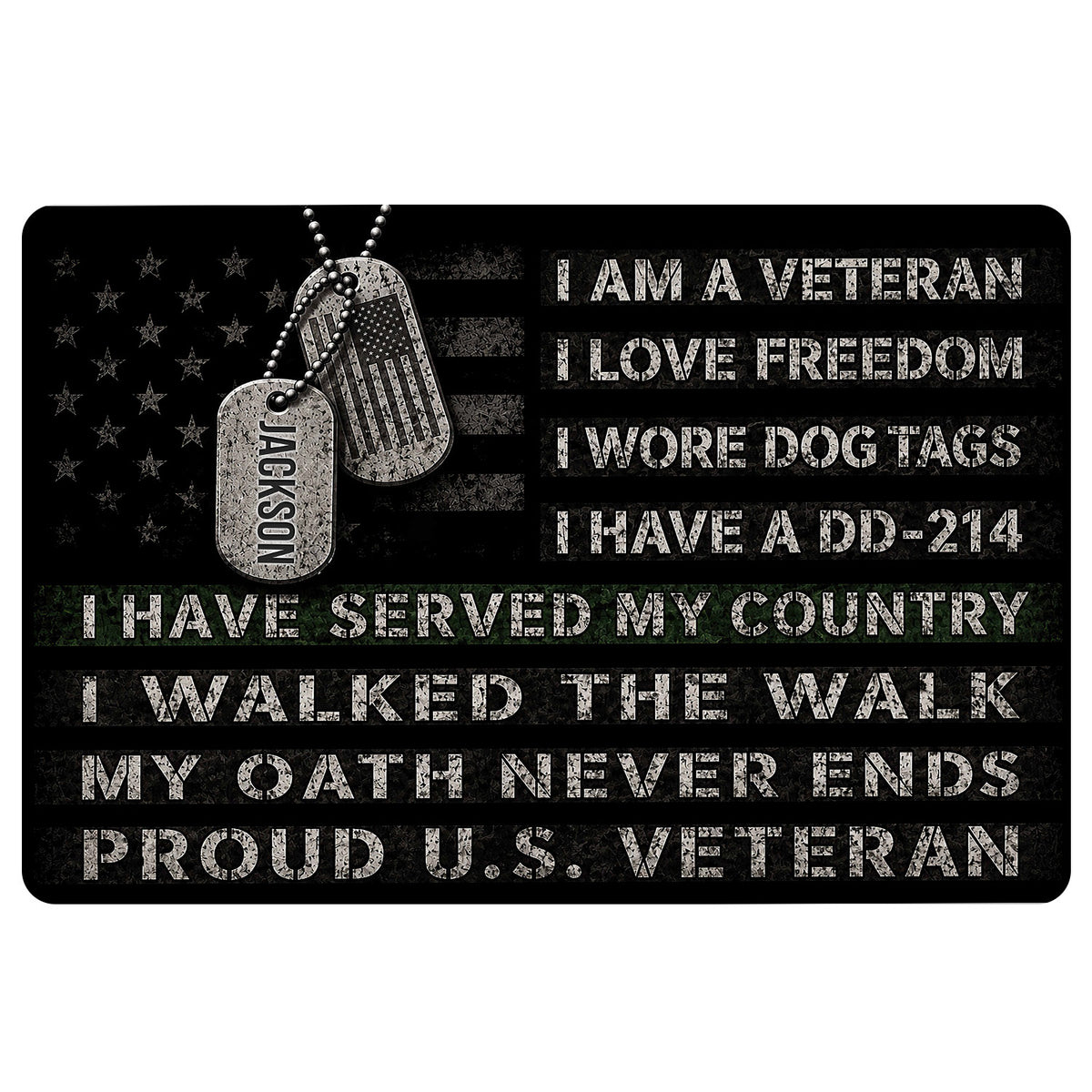 Black veteran doormat with dog tags, American flag artwork, and bold patriotic tribute lettering