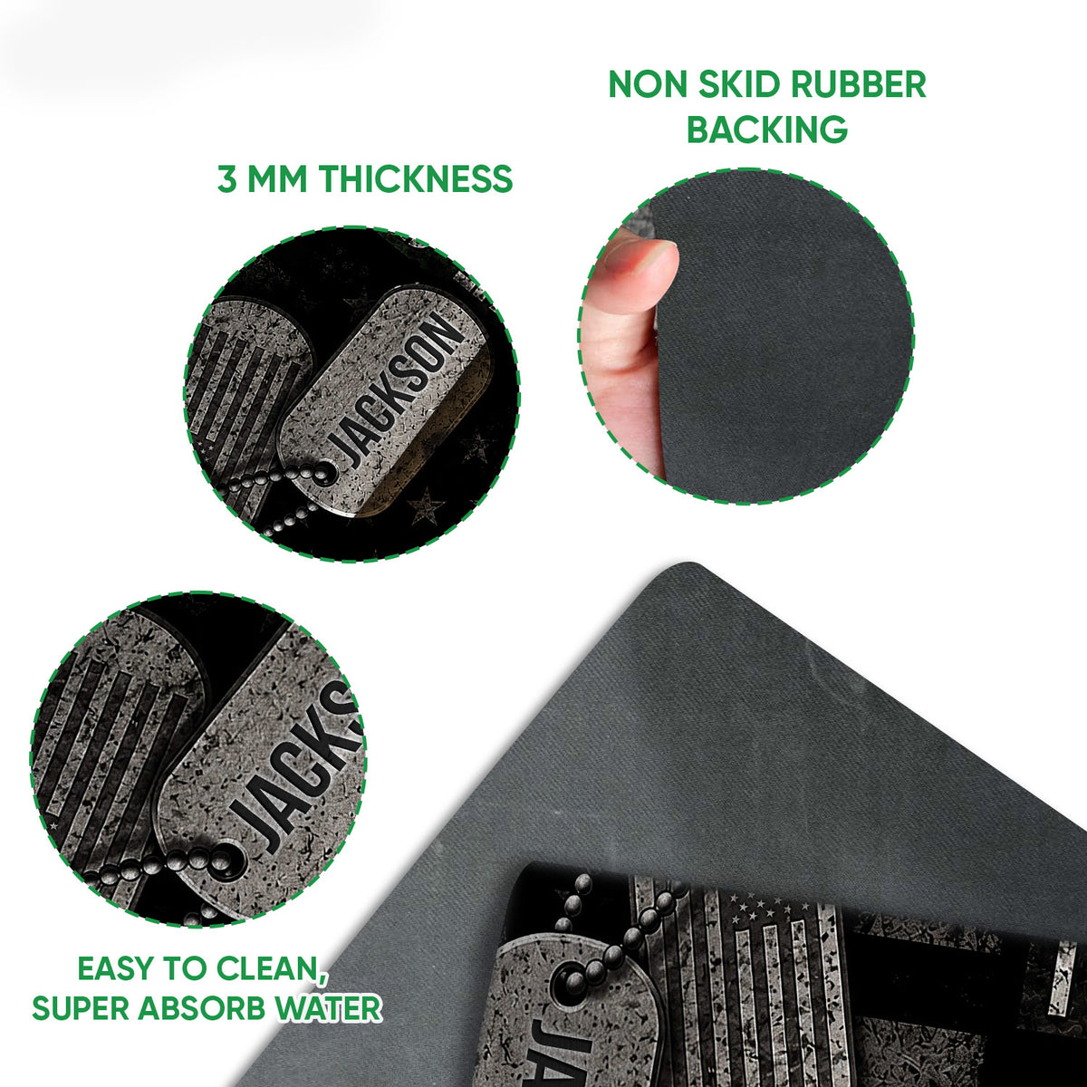 Feature view of veteran doormat artwork and textured rubber backing with dog tag design