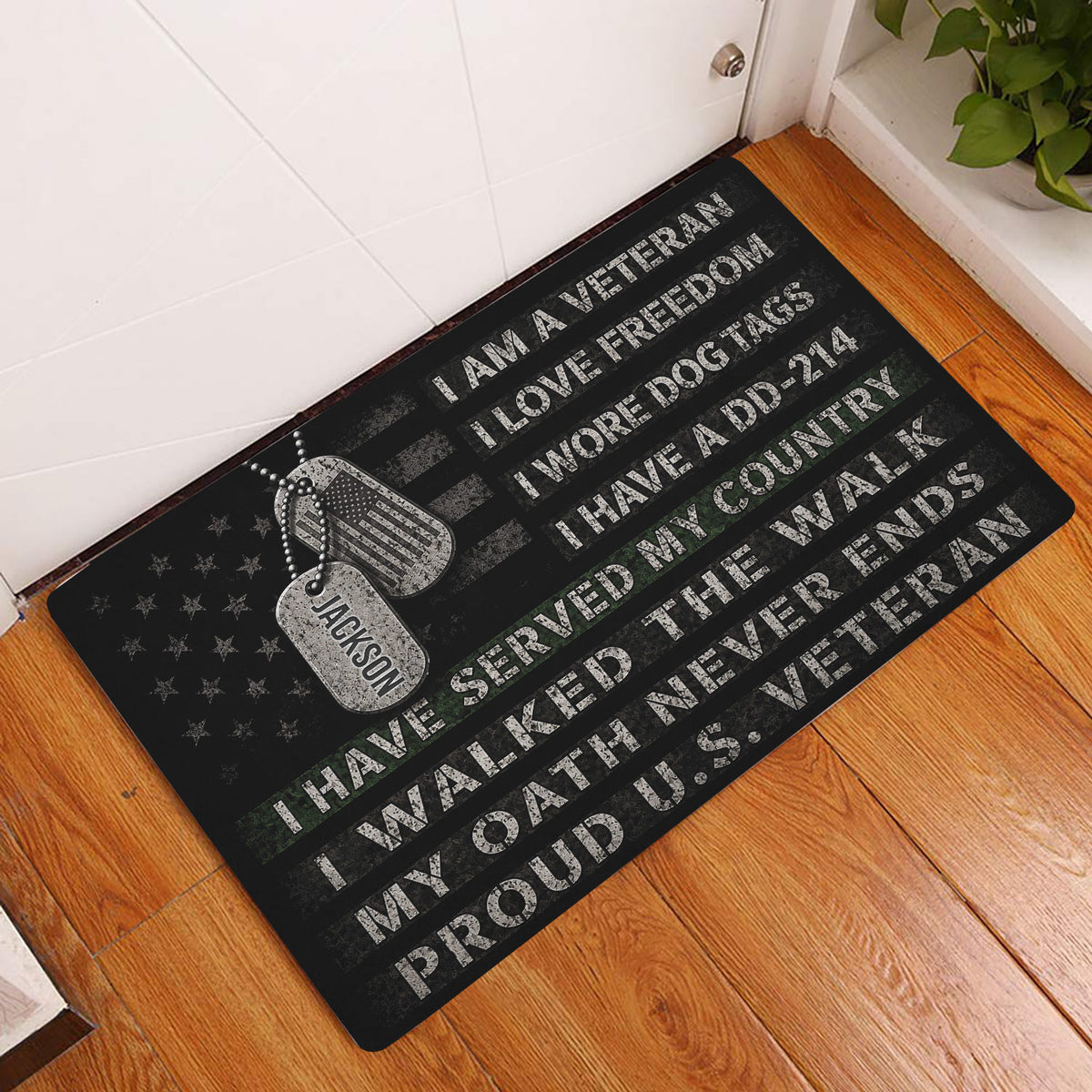 Veteran tribute doormat displayed by a front door on warm wood flooring