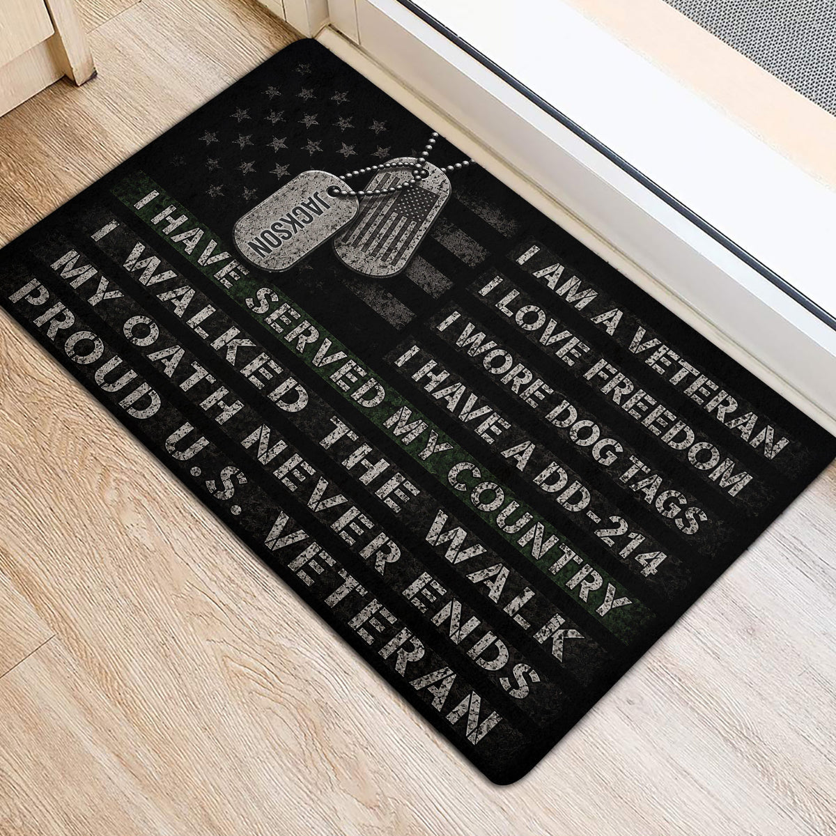 Patriotic veteran door mat positioned at an indoor entrance with dog tag artwork
