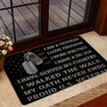 Veteran-themed entryway rug shown near a glass door with flag-inspired black artwork