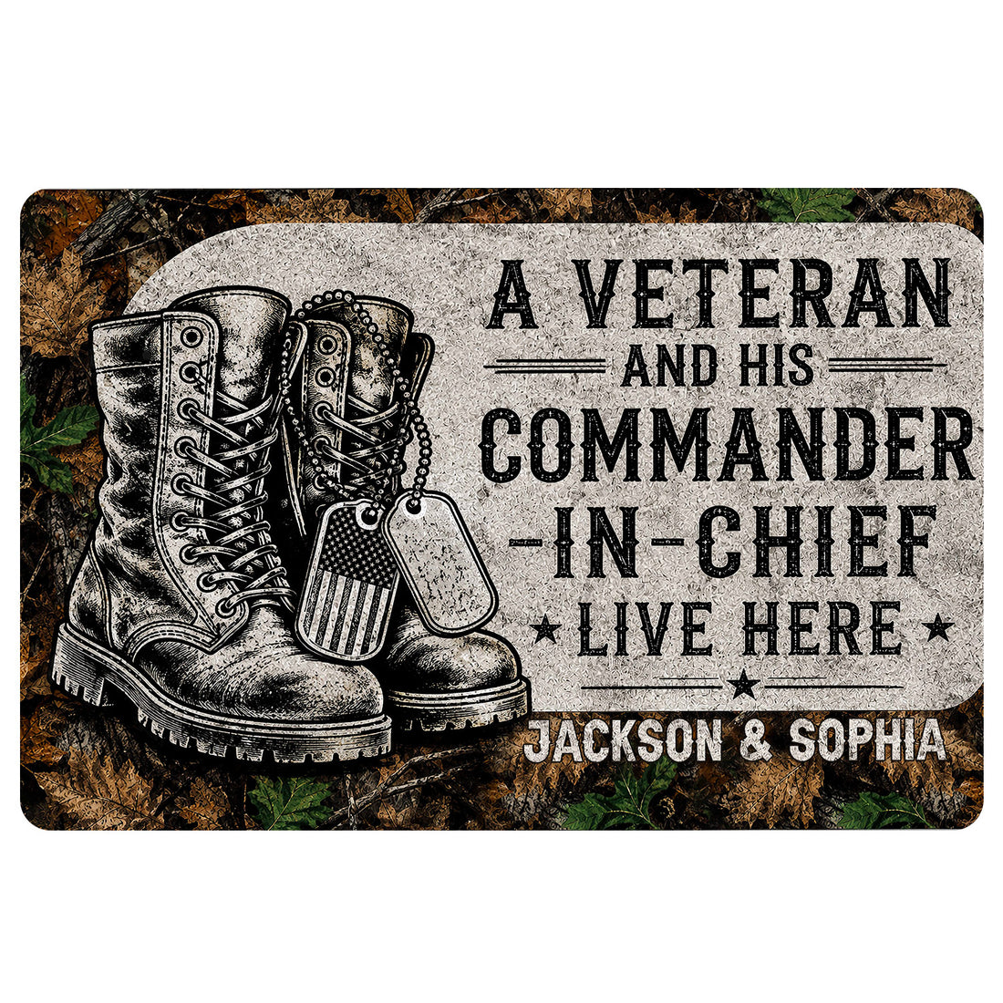 Veteran tribute doormat featuring combat boots, dog tags, patriotic details, and woodland camouflage artwork