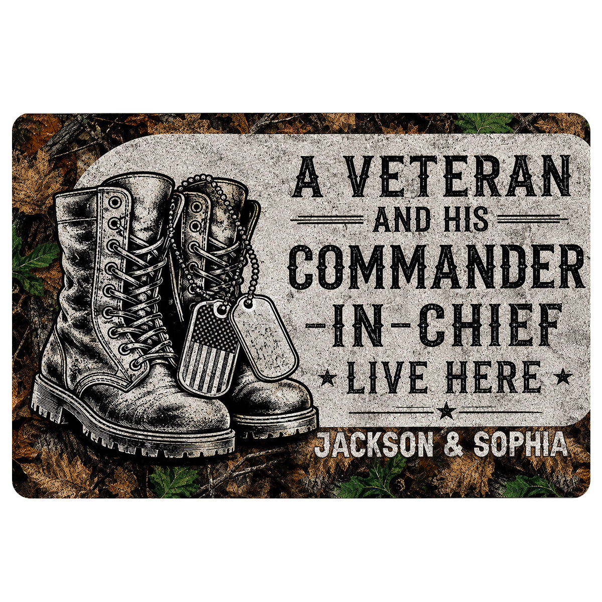 Veteran tribute doormat featuring combat boots, dog tags, patriotic details, and woodland camouflage artwork