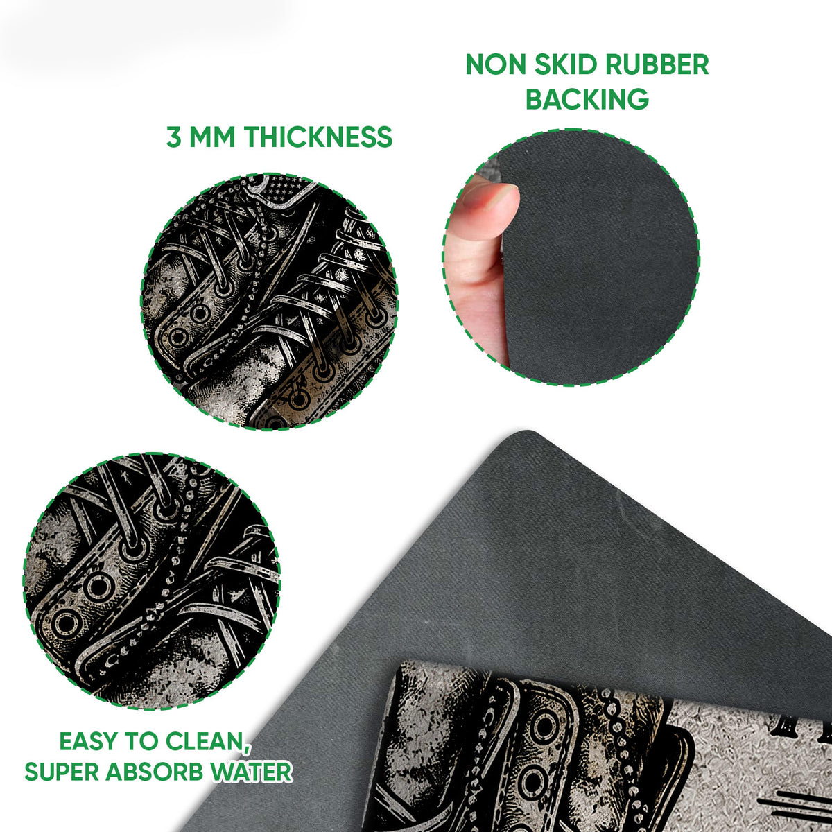 Close-up feature view of combat boot artwork with dark rubber backing and doormat construction details