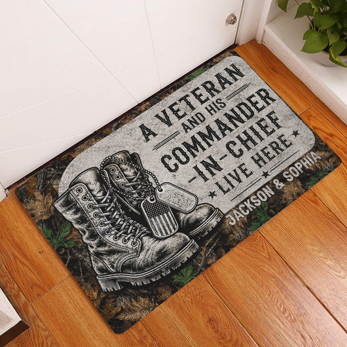 Veteran-themed doormat displayed at an entryway with combat boots, dog tags, and camouflage border