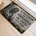 Patriotic veteran door mat positioned near a doorway with combat boots and military-inspired artwork