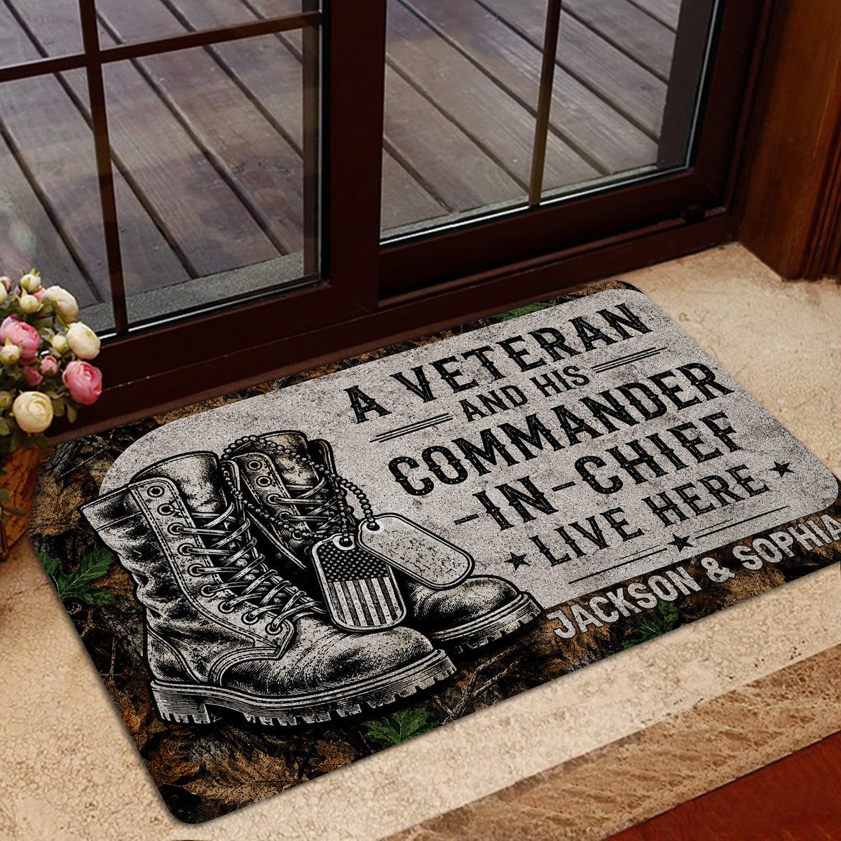 Veteran tribute rug shown inside a home entrance with combat boots, dog tags, and woodland camouflage design