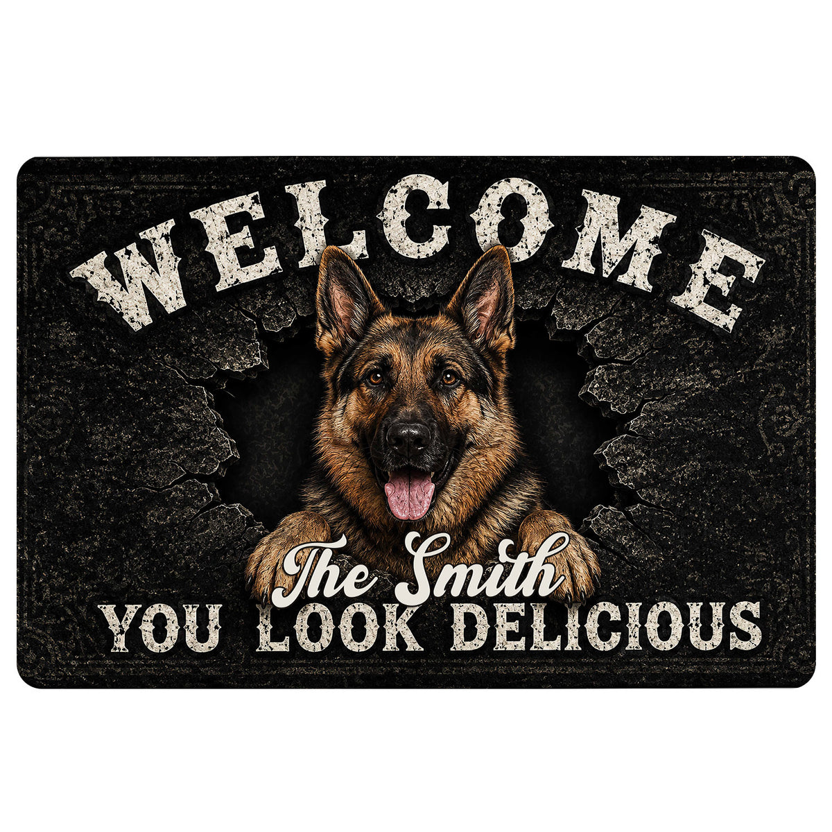 German Shepherd doormat with bold welcome lettering, dark cracked-stone artwork, and a family-style message