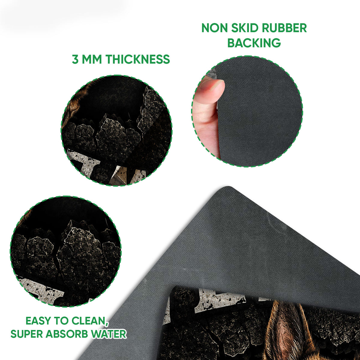 German Shepherd doormat detail showing the printed surface, rubber backing, and rounded mat edge