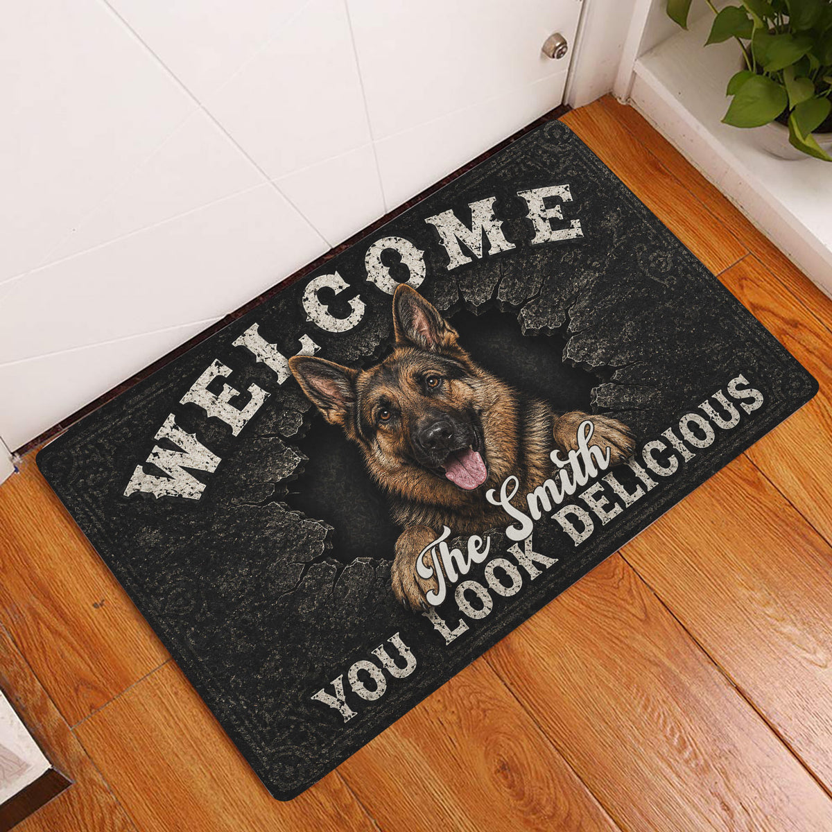 German Shepherd entryway rug displayed by a white door on a warm wood floor