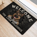 German Shepherd door mat positioned at an interior doorway with detailed dog artwork and dark lettering
