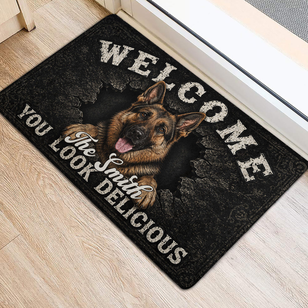 German Shepherd door mat positioned at an interior doorway with detailed dog artwork and dark lettering