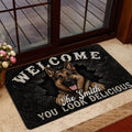 German Shepherd welcome mat shown near a glass door in a home entrance with warm neutral decor
