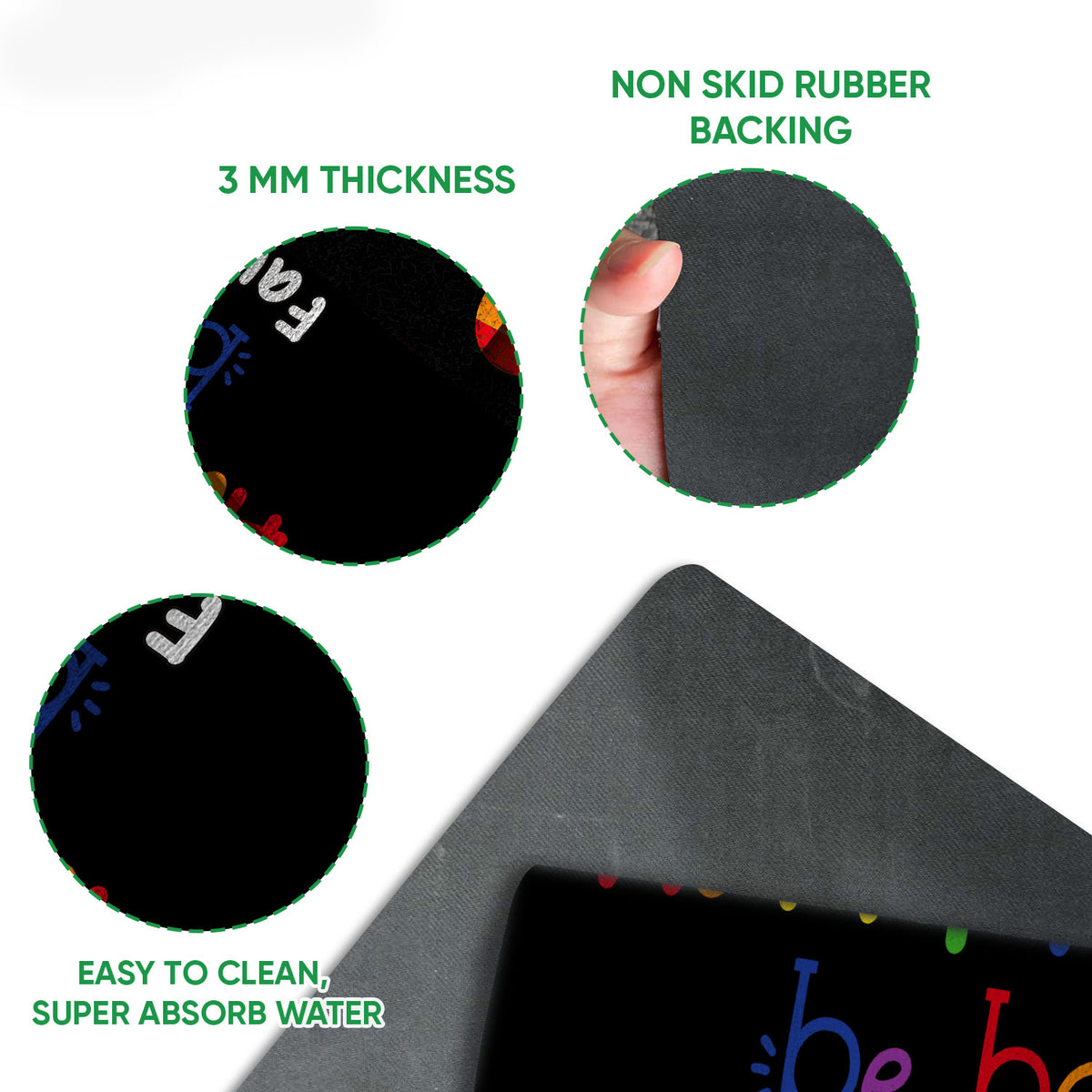 Close-up detail showing the black doormat surface, printed artwork, and rubber backing
