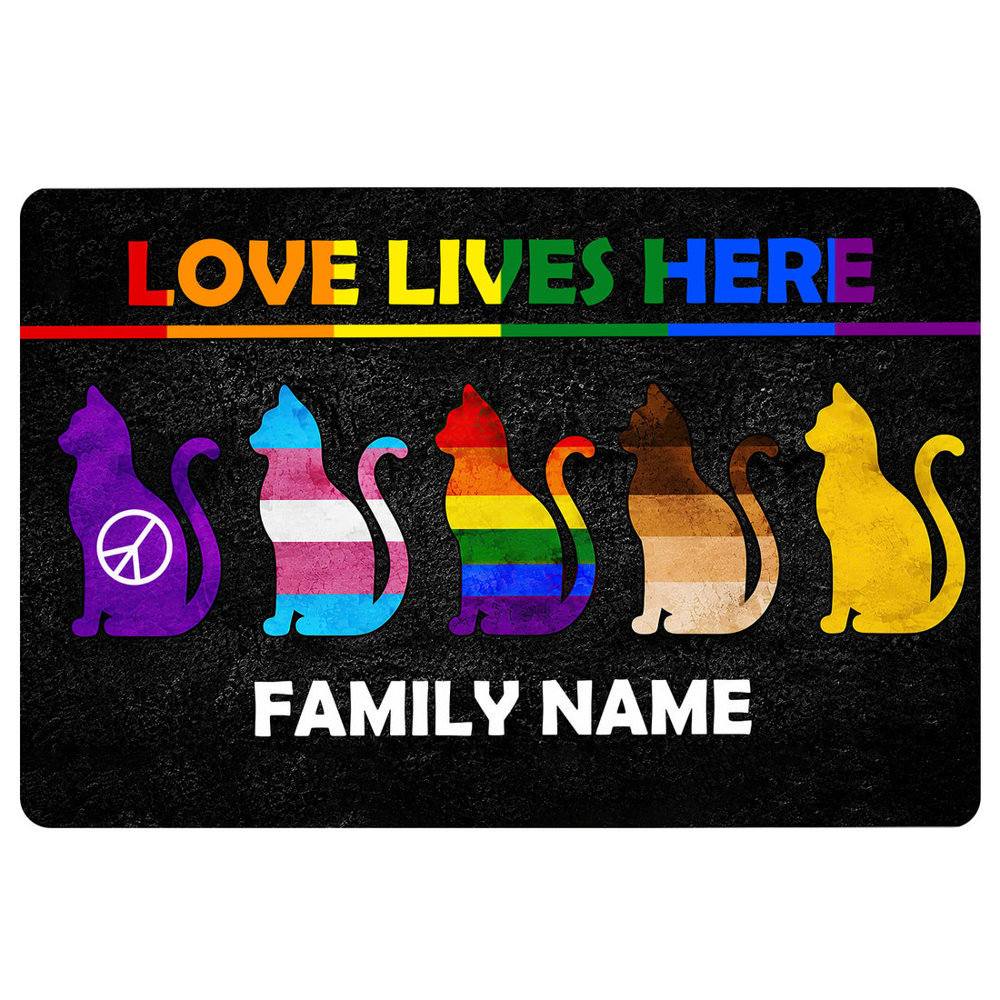 LGBT pride doormat with colorful rainbow cats, inclusive artwork, and a bold welcome message
