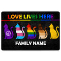 LGBT pride doormat with colorful rainbow cats, inclusive artwork, and a bold welcome message