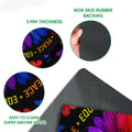Close-up detail of the LGBT doormat print and black rubber backing with thickness and easy-clean feature callouts