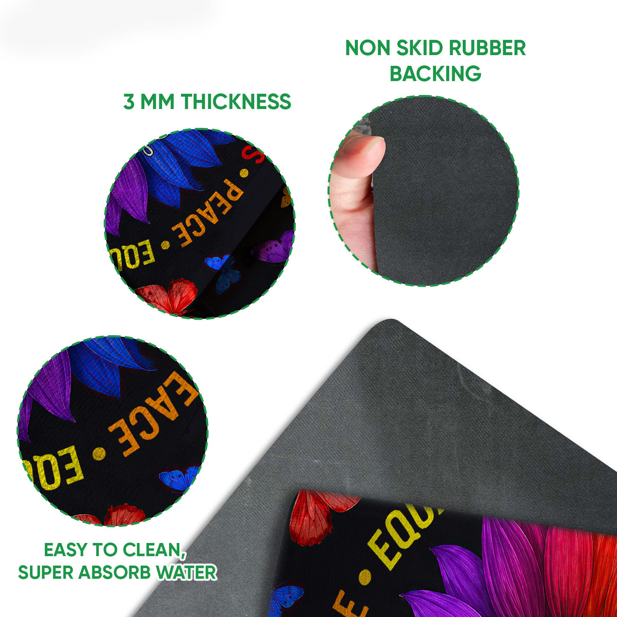 Close-up detail of the LGBT doormat print and black rubber backing with thickness and easy-clean feature callouts