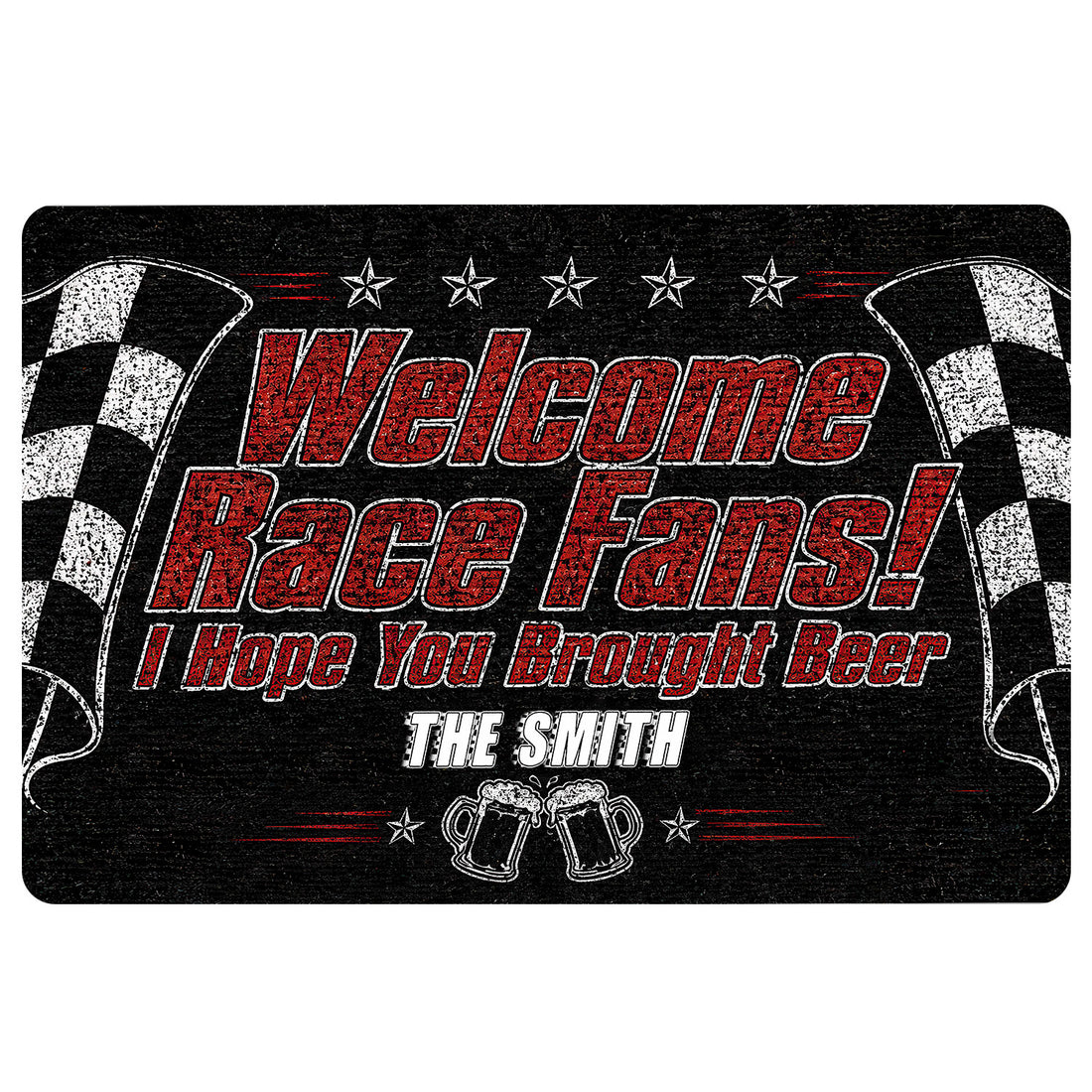 Black racing doormat with red and white lettering, checkered flags, stars, and beer mug artwork