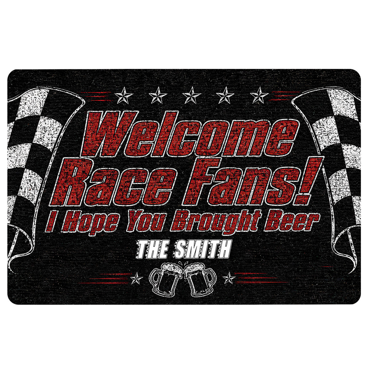 Black racing doormat with red and white lettering, checkered flags, stars, and beer mug artwork