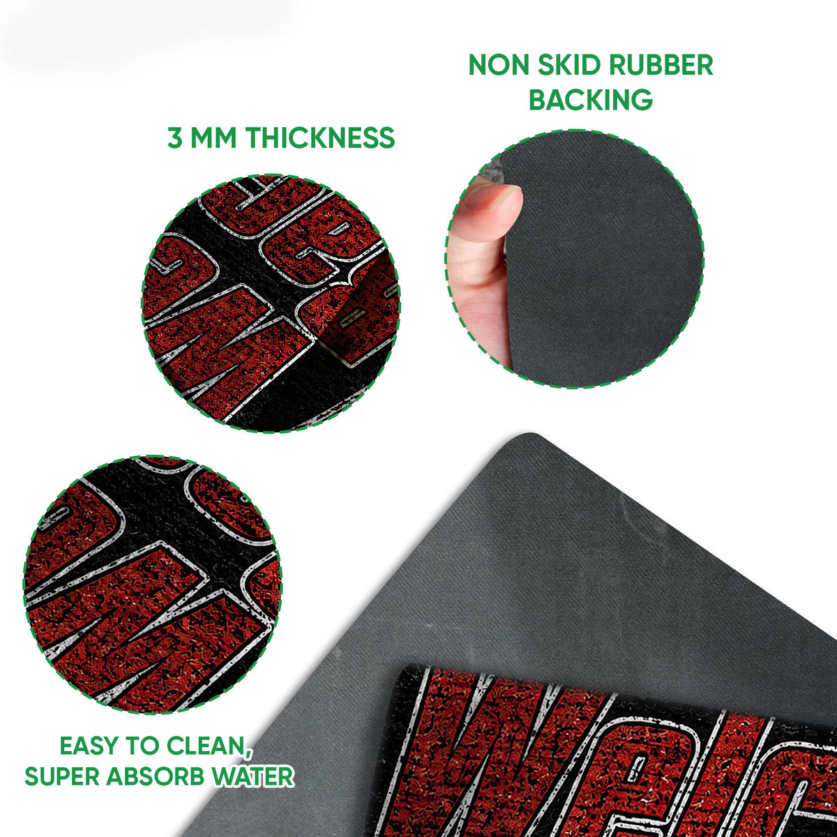 Close-up feature view of the racing doormat surface and rubber-backed underside