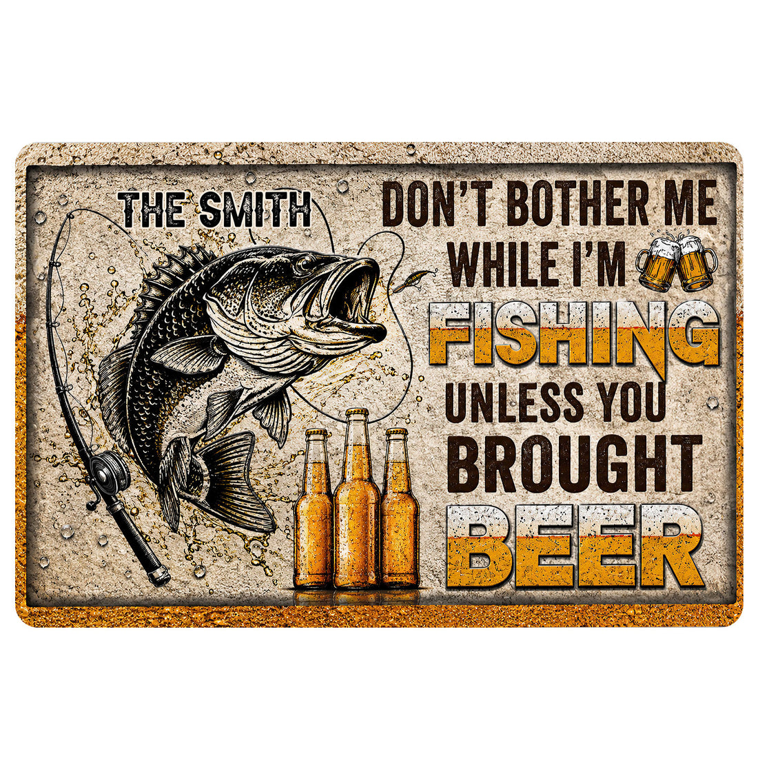 Fishing doormat featuring a large fish, fishing rod, beer bottles, and bold humorous artwork