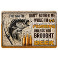 Fishing doormat featuring a large fish, fishing rod, beer bottles, and bold humorous artwork