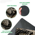 Close-up view of fishing doormat artwork and dark rubber backing with feature callouts