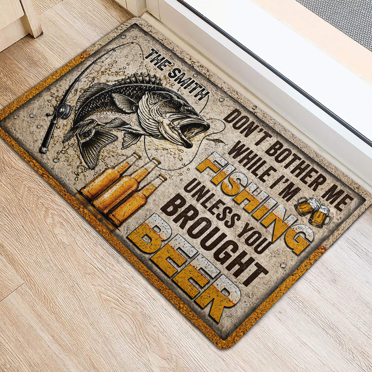 Fishing-themed door mat shown near a bright entryway with fish, rod, and beer bottle artwork