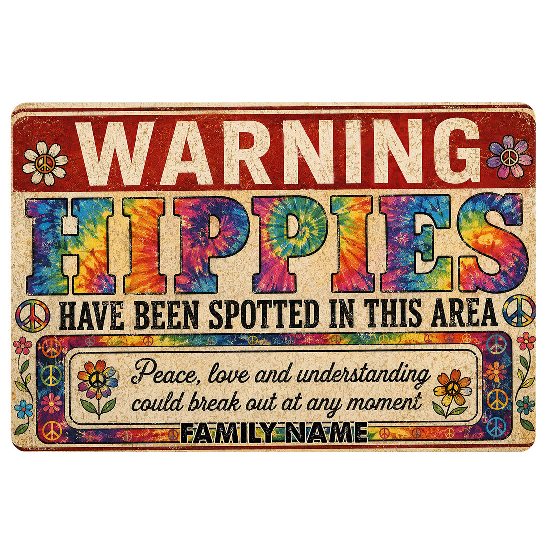 Colorful hippie doormat with peace signs, flowers, tie-dye lettering, and a bold welcome message