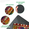 Close-up of colorful hippie doormat artwork with printed felt surface and rubber grip backing