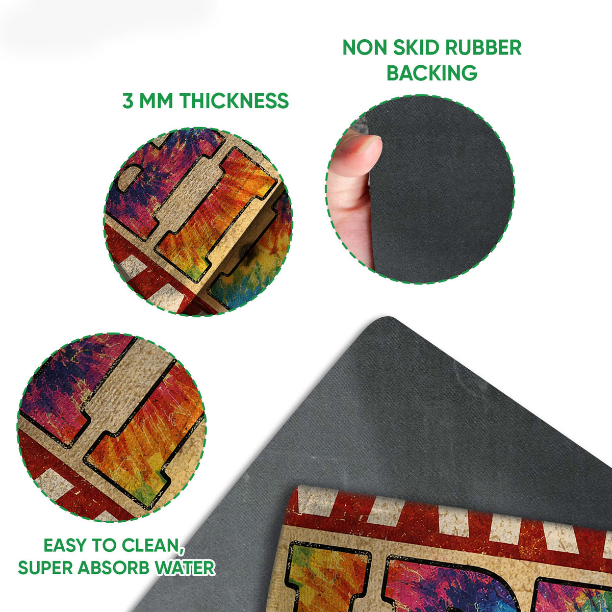 Close-up of colorful hippie doormat artwork with printed felt surface and rubber grip backing