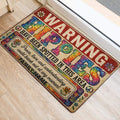 Colorful hippie entryway rug with peace signs, flowers, tie-dye letters, and vintage-inspired artwork