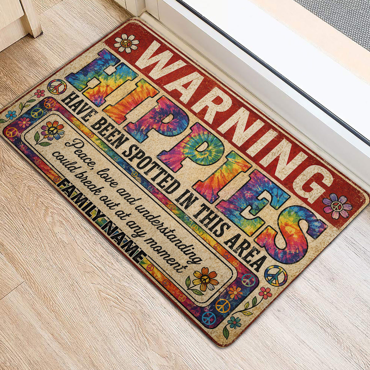 Colorful hippie entryway rug with peace signs, flowers, tie-dye letters, and vintage-inspired artwork